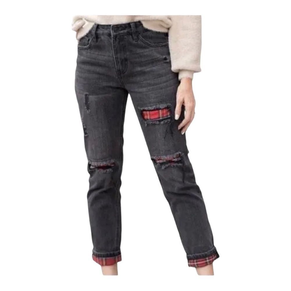 KanCan Estilo Women’s Peek-A-Boo Plaid Black Distressed‎ Jeans Size 28